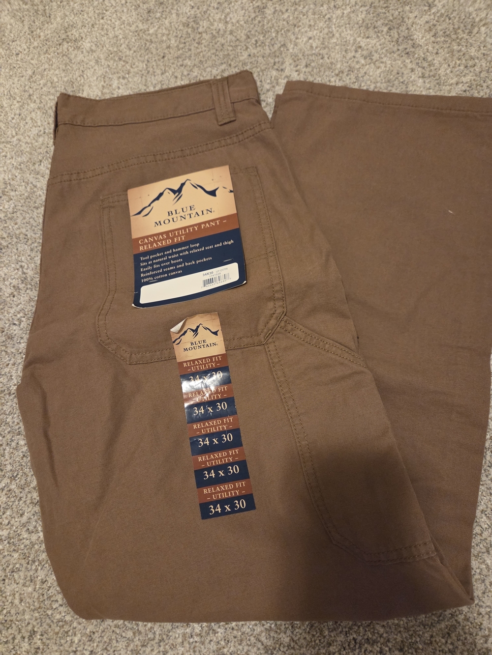 Men’s Canvas Utility Pants Brown Blue Mountain 34×30 Work Tan Heavy Duty NWT